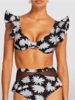 PatBO x Anthropologie Dahlia Ruffled Sm 4/6 Black White Floral Underwire Top